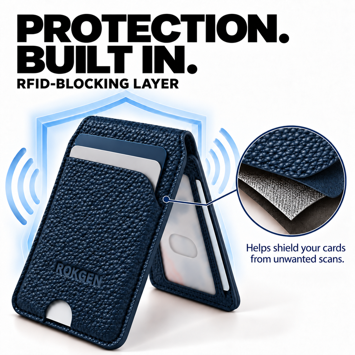 ROKGEN One MagSafe Leather Wallet & Stand - Navy Blue
