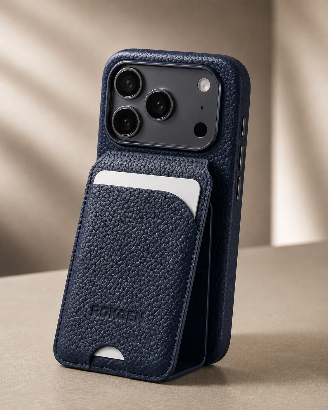 ROKGEN One MagSafe Leather Wallet & Stand - Navy Blue